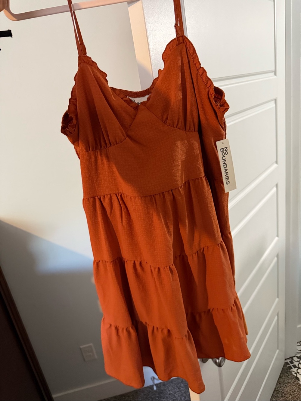 No Boundaries Rust Orange Tiered Spaghetti Strap Dress